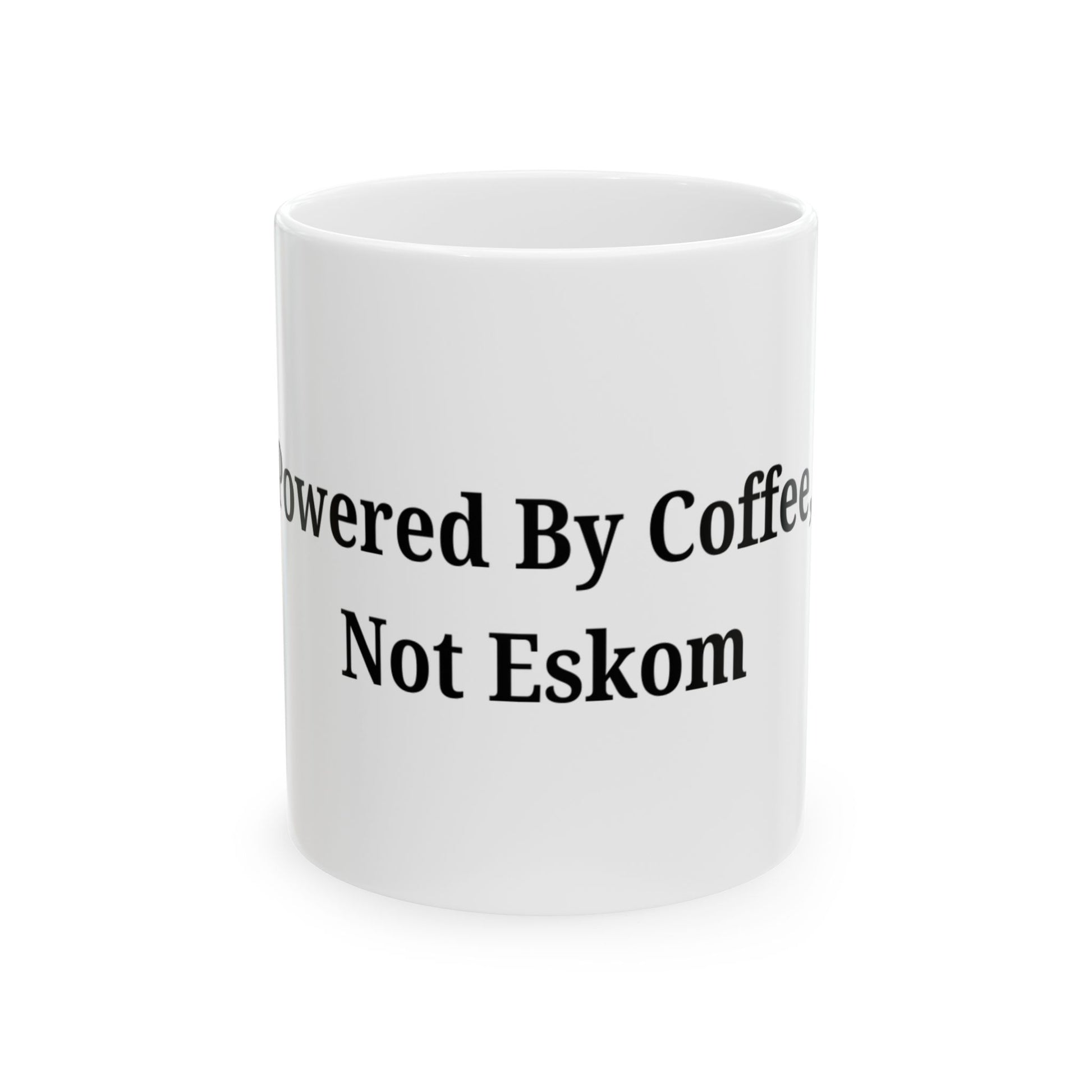 Powered by Coffee, Not Eskom Mug – South African Energy, 100% Lekka