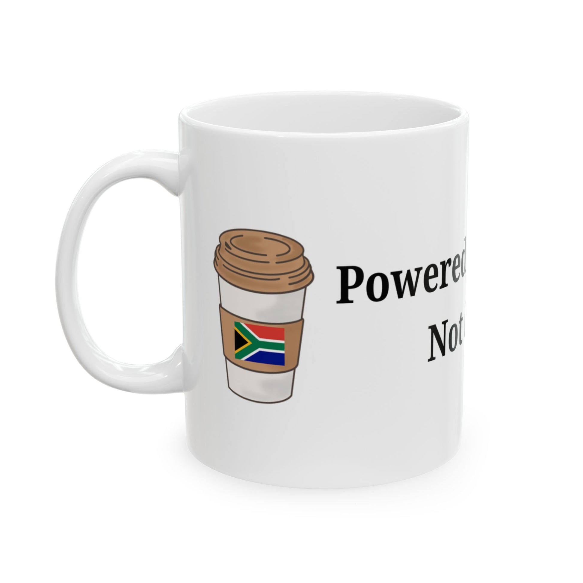 Powered by Coffee, Not Eskom Mug – South African Energy, 100% Lekka